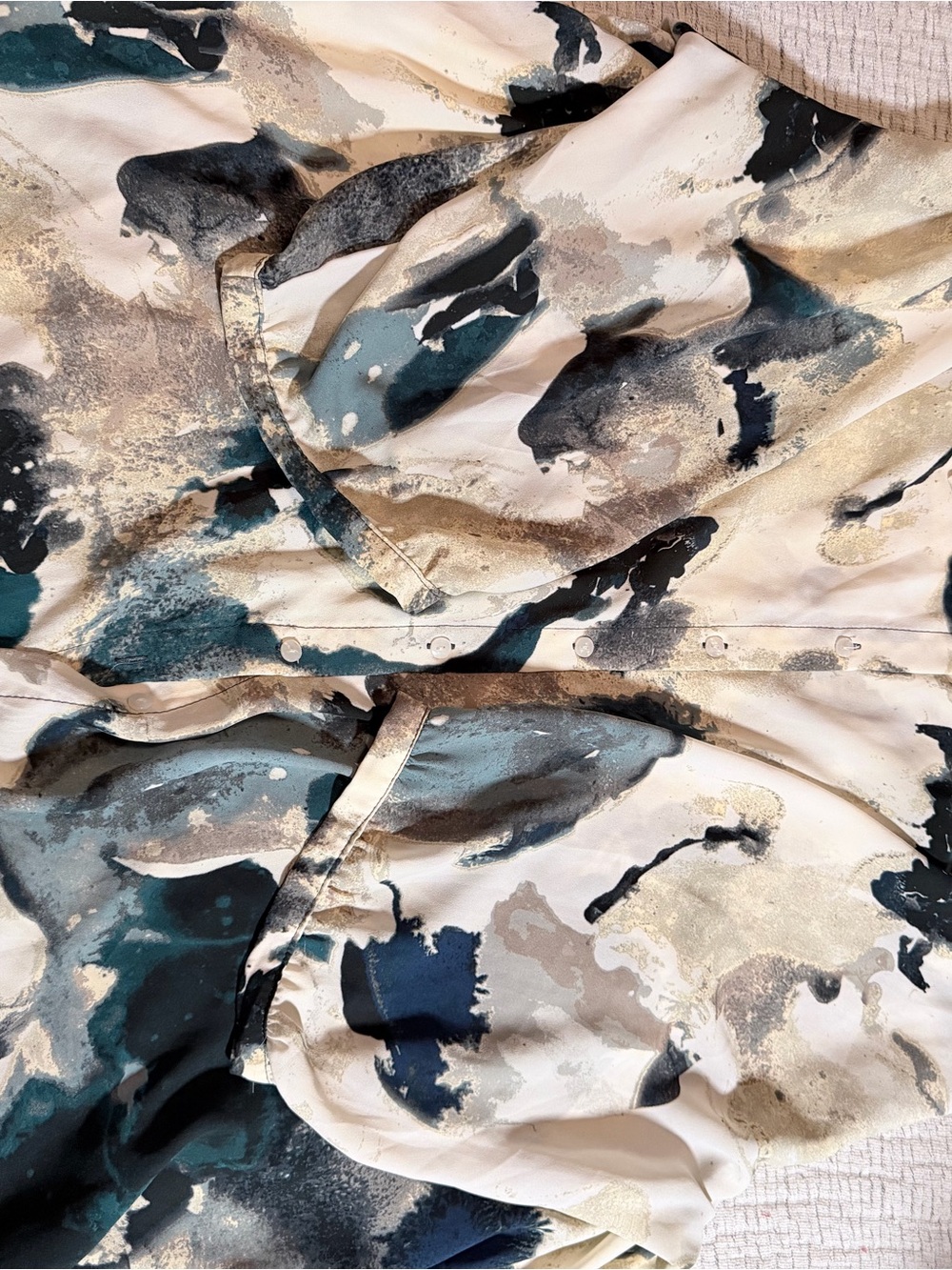 Cynthia Rowley Abstract Watercolor Print Blouse in White, Teal, Navy, Gold, Gray